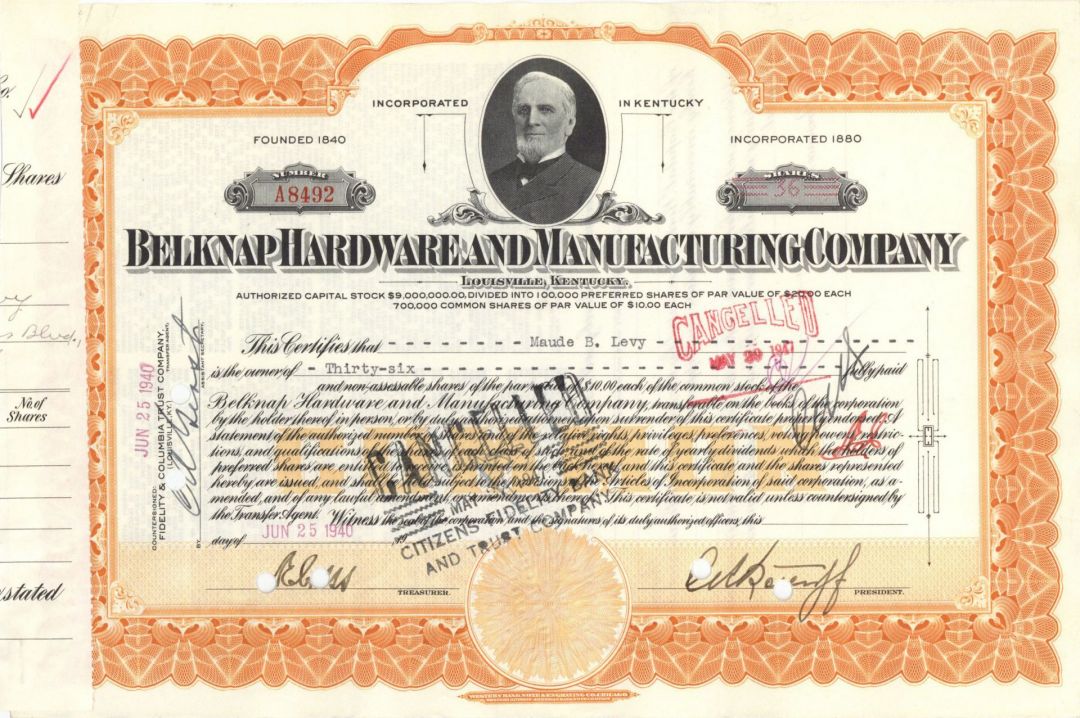 Belknap Hardware and Manufacturing Co - Kentucky Stock Certificate