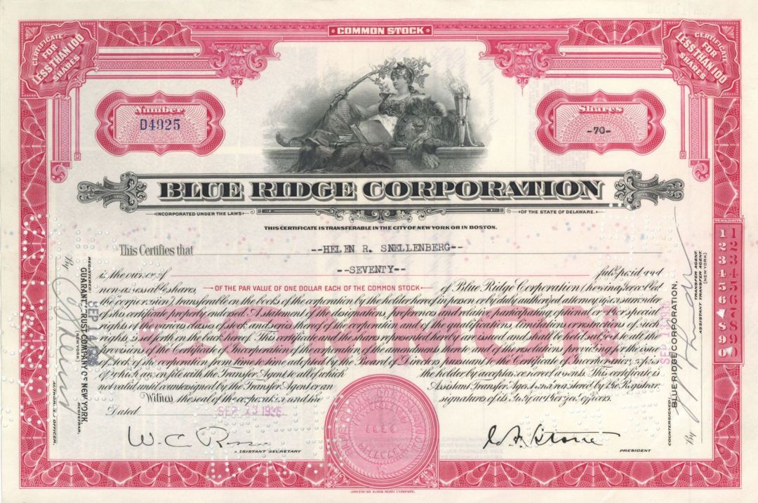 Blue Ridge Corp. - 1930's-40's dated Stock Certificate - Goldman Hiding Behind Goldman - Great History