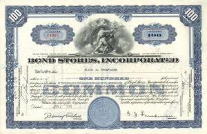 Bond Stores Inc. - Famous Department Store - 1940's-50's dated Stock Certificate