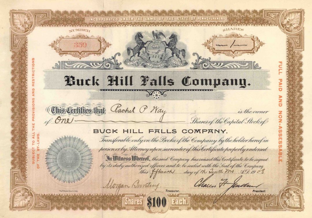 Buck Hill Falls Co. - Pocono Mountains - Private Resort Community Stock Certificate