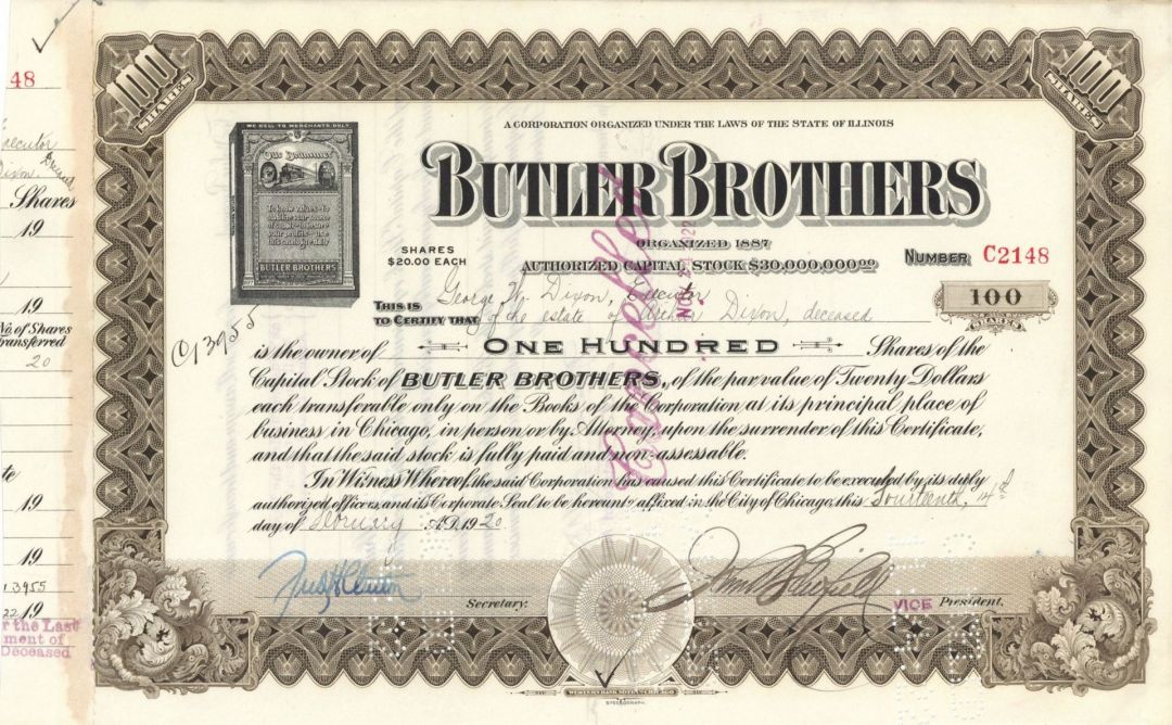 Butler Brothers - Stock Certificate - Dated 1920