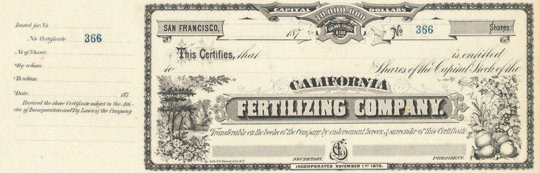 California Fertilizing Co - Unissued Stock Certificate