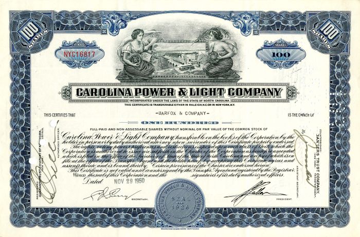 Carolina Power and Light Co. - 1950's dated North Carolina Utility Stock Certificate