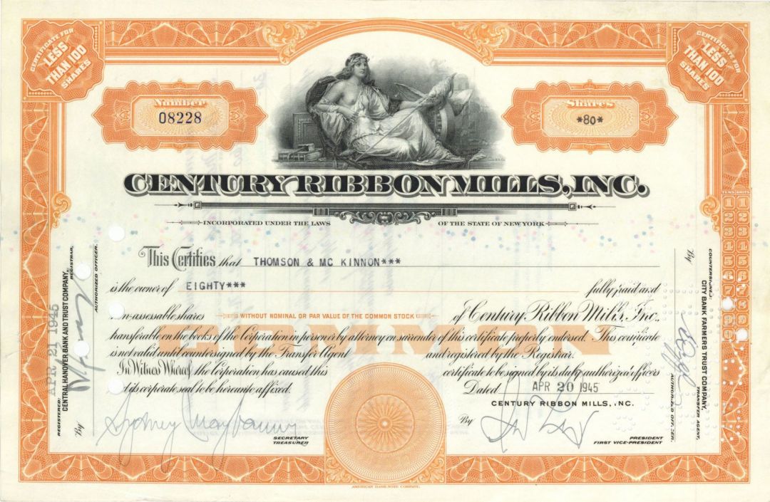 Century Ribbon Mills, Inc.- 1930's-40's dated Stock Certificate - Produced and Sold Silk Ribbon