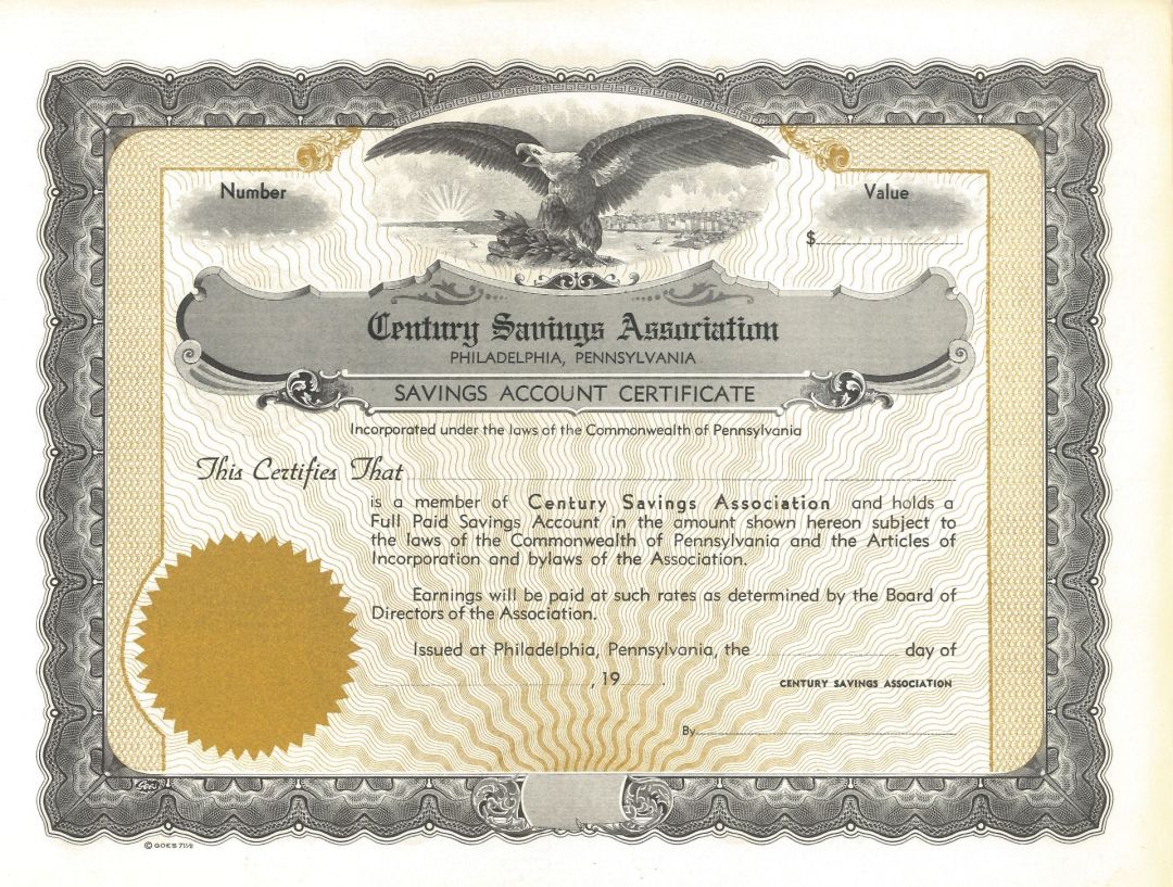 Century Savings Association - Stock Certificate