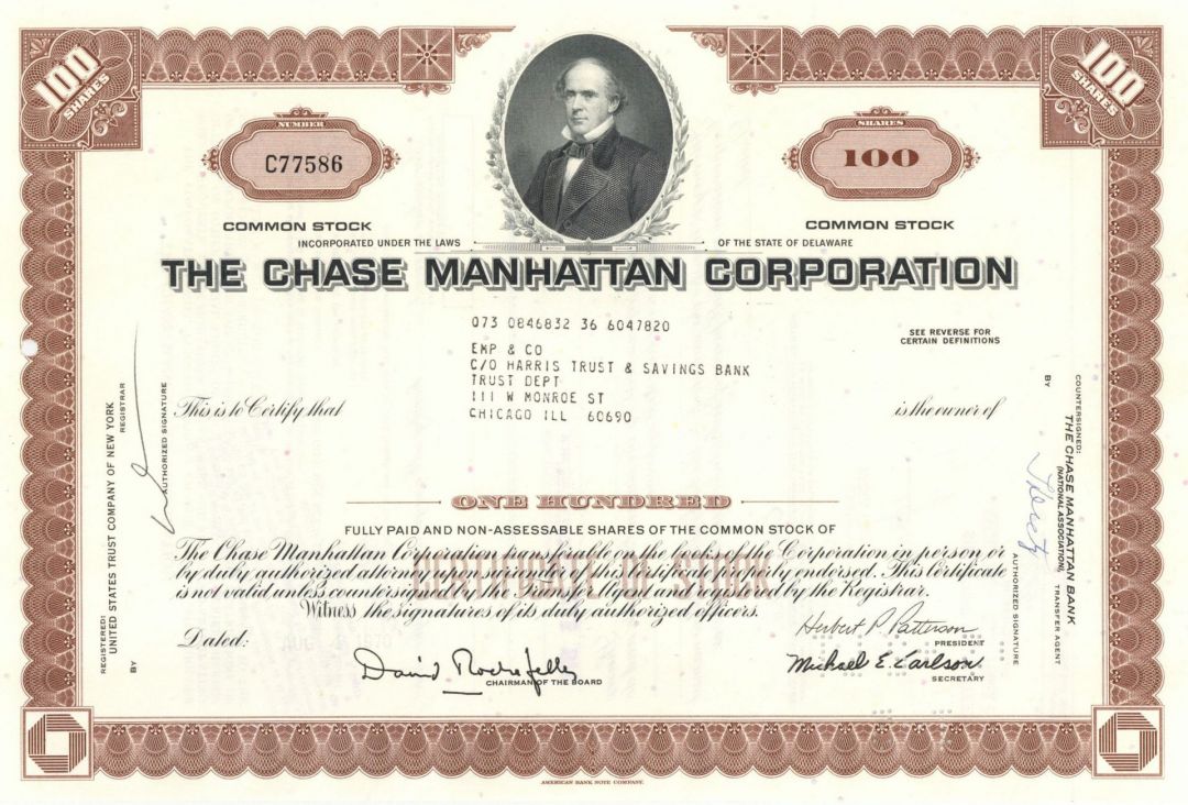 Chase Manhattan Corp. - Printed Signature of David Rockefeller - 1960-70's dated Banking Stock Certificate - Salmon Chase Vignette