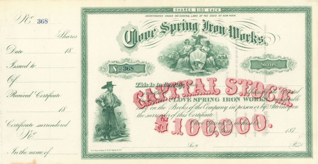 Clove Spring Iron Works - circa 1870's New York Stock Certificate