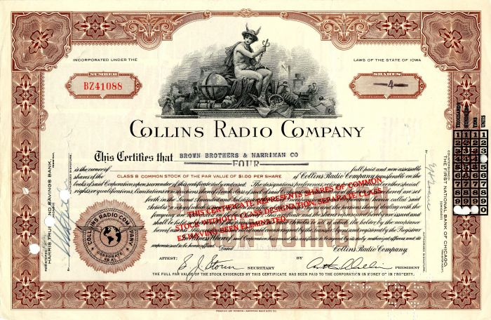 Collins Radio Co. - 1959 dated Stock Certificate - Fabulous Radio History