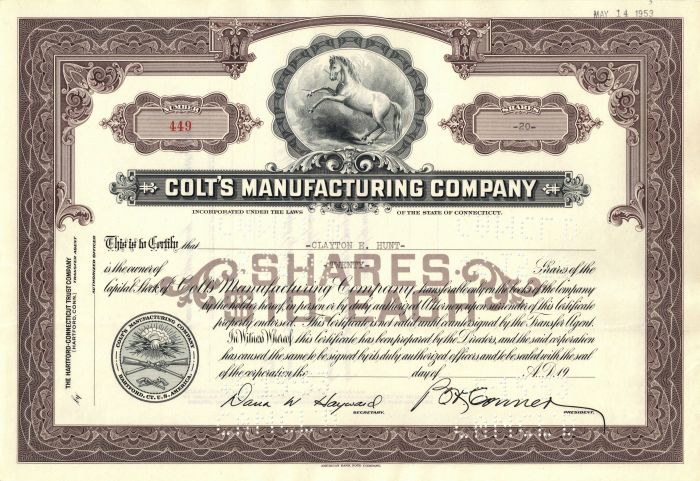 Colt's Manufacturing Co - Famous Gun Maker - Stock Certificate