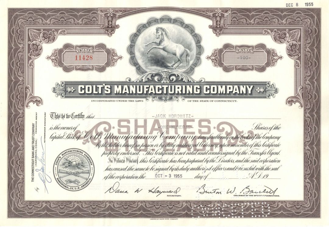 Colt's Manufacturing Co. - dated 1950's Connecticut Gun Stock Certificate - Famous Gun Maker
