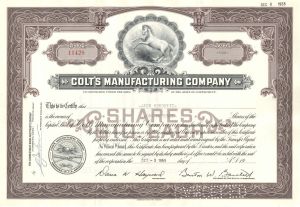 Colt's Manufacturing Co. - dated 1950's Connecticut Gun Stock Certificate - Famous Gun Maker