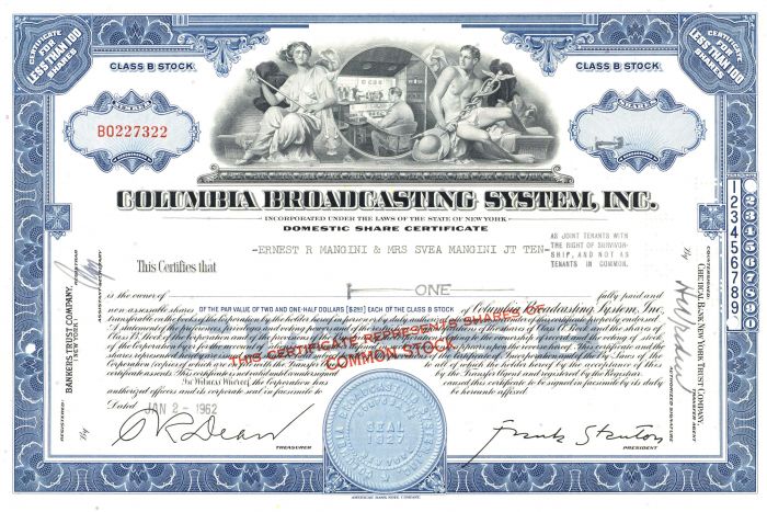 Columbia Broadcasting System, Inc. - 1950's-60's dated Television Stock Certificate