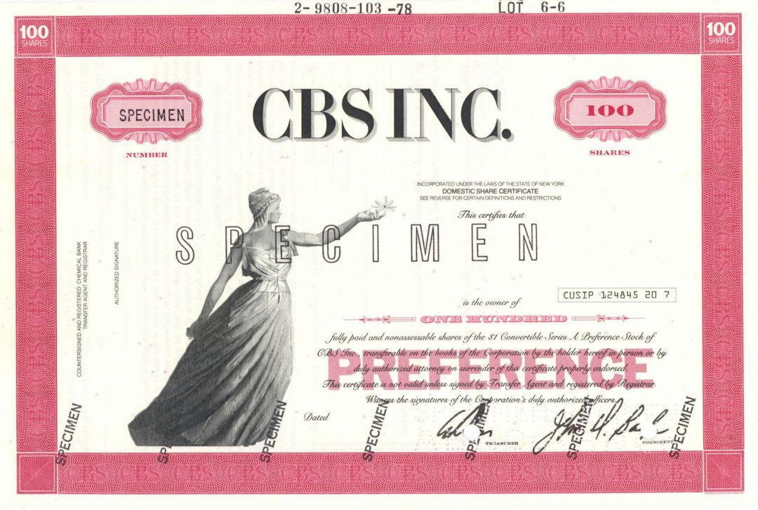 Columbia Broadcasting System, Inc (Known as CBS) - Stock Certificate