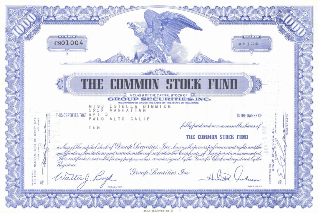 Common Stock Fund - 1960's dated Stock Certificate - A Class of the Capital Stock of Group Securities, Inc.
