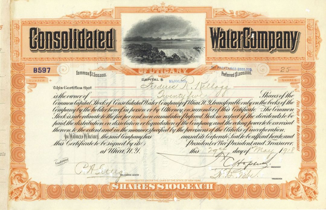 Consolidated Water Co of Utica, N. Y. - Stock Certificate