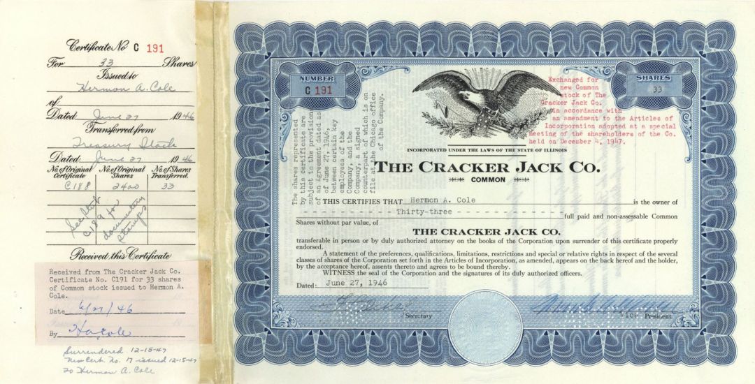 Cracker Jack Co. - American Caramel Corn Co. 1940's dated Stock Certificate