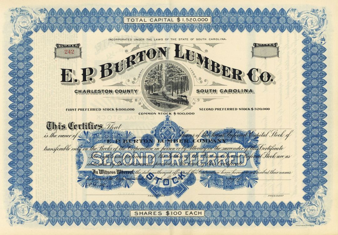 E.P. Burton Lumber Co - 1910's dated Charleston, South Carolina Unissued Lumber Stock Certificate