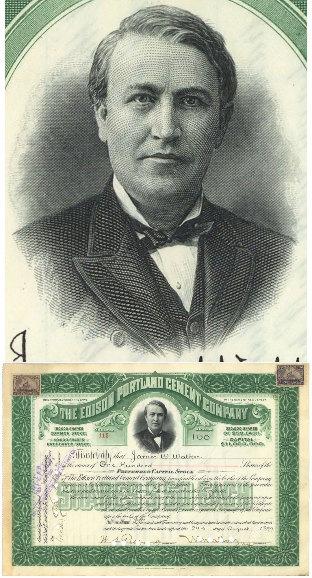 Edison Portland Cement Co - Green Type - 1900's-20's dated New Jersey Stock Certificate with Beautiful Vignette of Thomas Alva Edison
