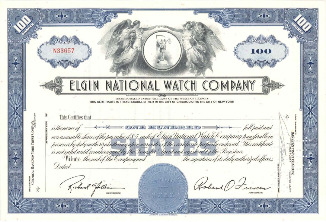 Elgin National Watch Co. - Unissued Timepiece Stock Certificate - Watch Maker from 1864 to 1968
