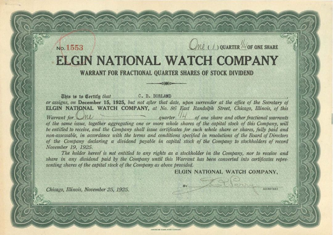 Elgin National Watch Co. - 1925 dated Timepiece Stock Certificate - Watch Maker from 1864 to 1968