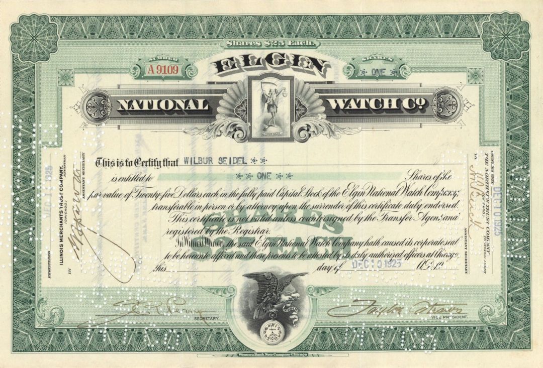 Elgin National Watch Co. - 1900's-30's dated Timepiece Stock Certificate - Watch Maker from 1864 to 1968