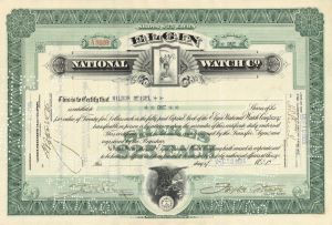 Elgin National Watch Co. - 1900's-30's dated Timepiece Stock Certificate - Watch Maker from 1864 to 1968