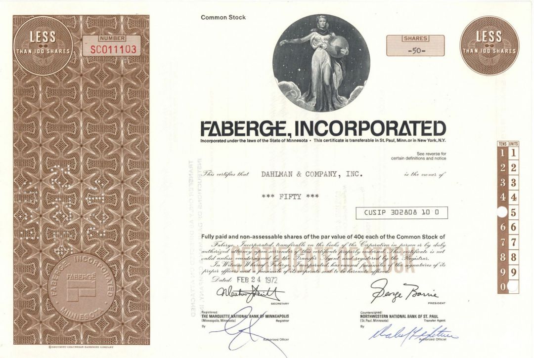 Faberge, Inc. - 1970's dated Cosmetics Firm Stock Certificate