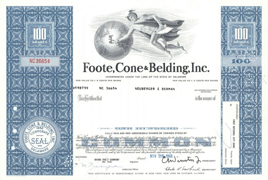 Foote, Cone and Belding, Inc. - 1960's-70's dated Advertising Agency Stock Certificate