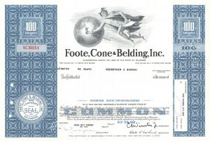 Foote, Cone and Belding, Inc. - Advertising Agency Stock Certificate dated 1960's-70's