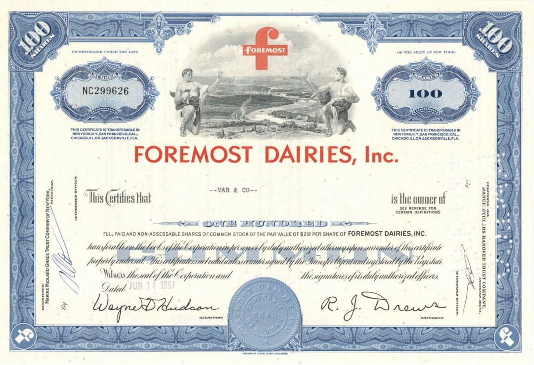Foremost Dairies, Inc. - Founded by James Cash Penney - dated 1950's-60's Stock Certificate