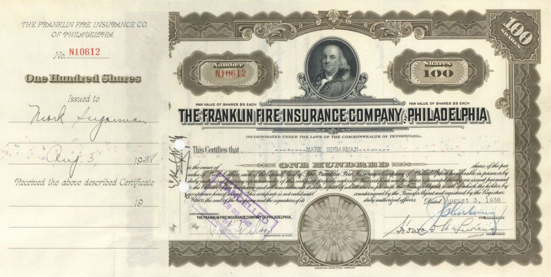 Franklin Fire Insurance Co of Philadelphia - Stock Certificate