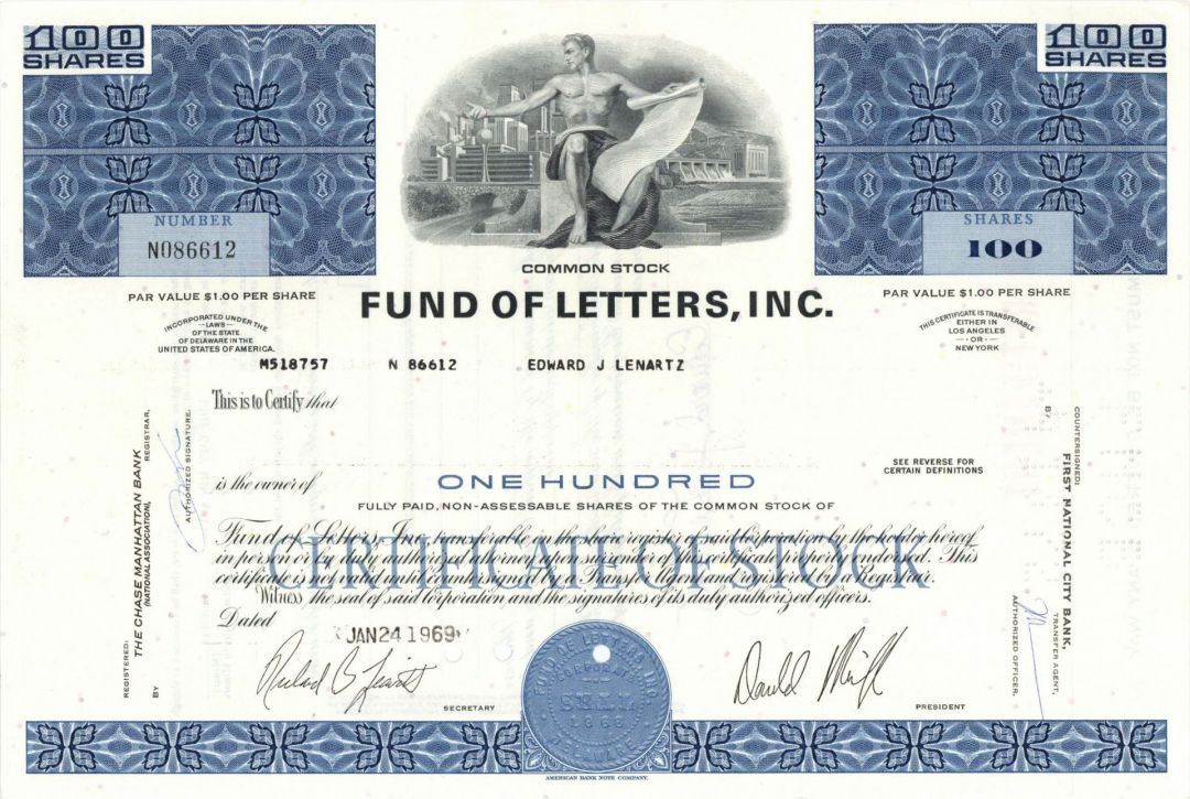 Fund of Letters, Inc. - 1960's-70's dated Investment Stock Certificate