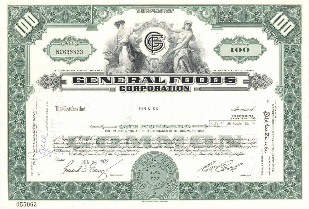General Foods Corporation - Post Cereal Fame - dated 1960's-70's Stock Certificate