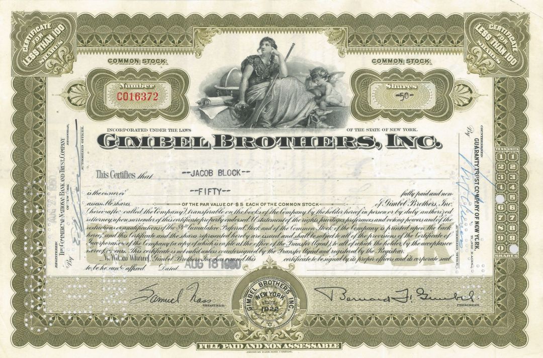 Gimbel Brothers, Inc. - 1940's-50's dated Department Store Company Stock Certificate