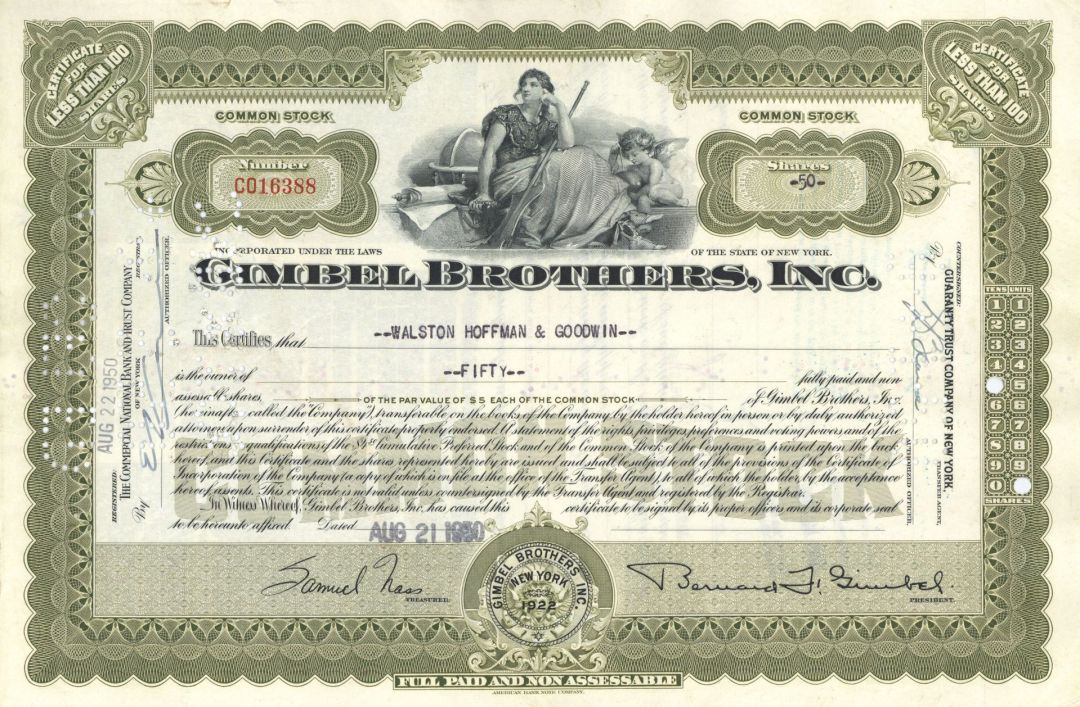 Gimbel Brothers, Inc. - dated 1940's-50's Department Store Company Stock Certificate