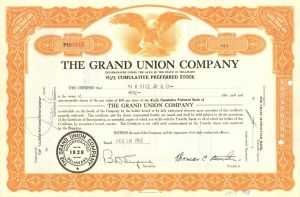 Grand Union Co. - 1950's-60's dated Super Market Chain Stock Certificate - Great Supermarket History