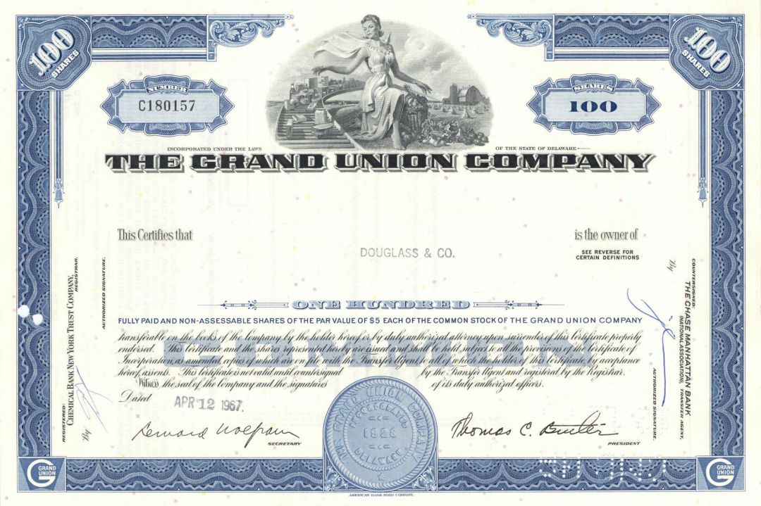 Grand Union Co. - 1960's-70's dated Super Market Chain Stock Certificate - Great Supermarket History