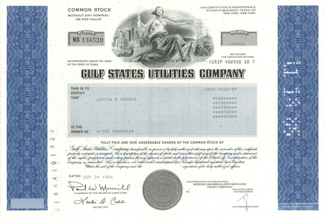 Gulf States Utilities Co. - 1980's. dated Utility Stock Certificate