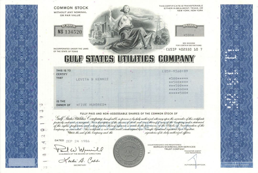 Gulf States Utilities Co. - Stock Certificate