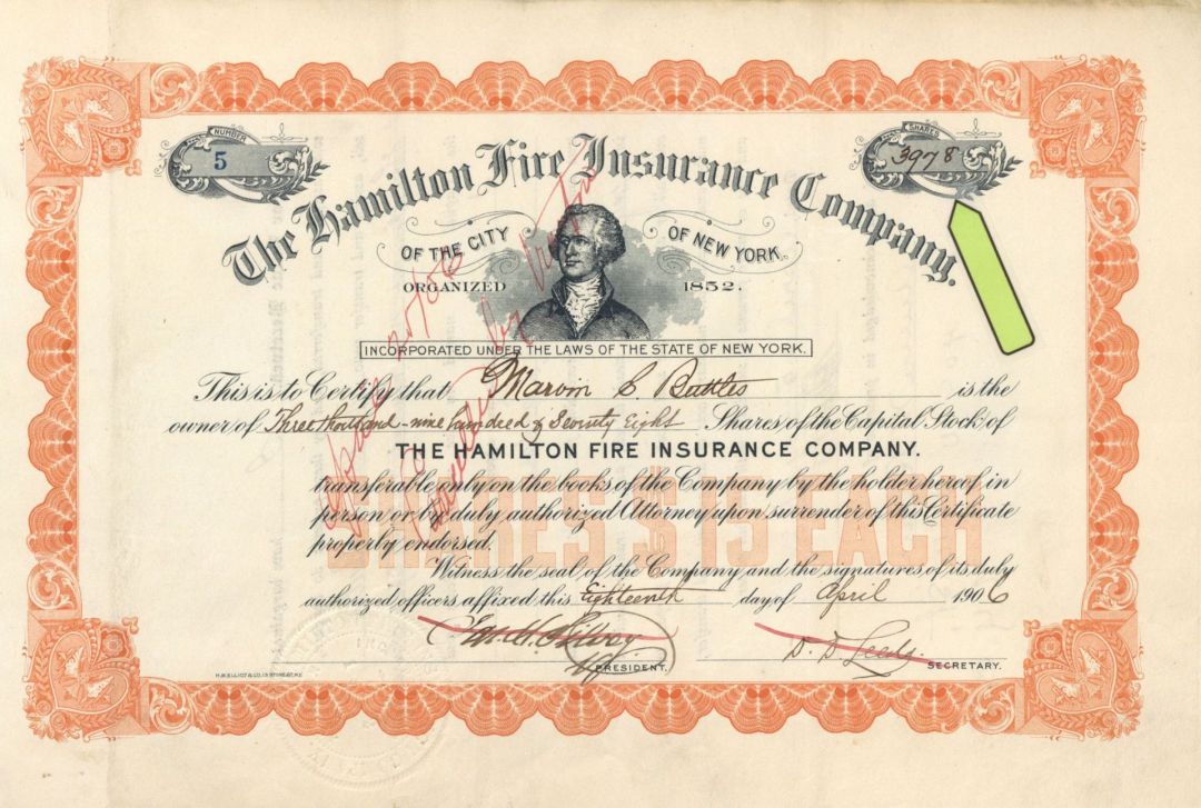 Hamilton Fire Insurance Co of The City of NY - High Denominations - Stock Certificate