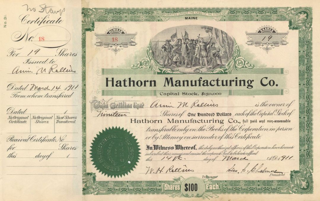 Hathorn Manufacturing Co. - Stock Certificate