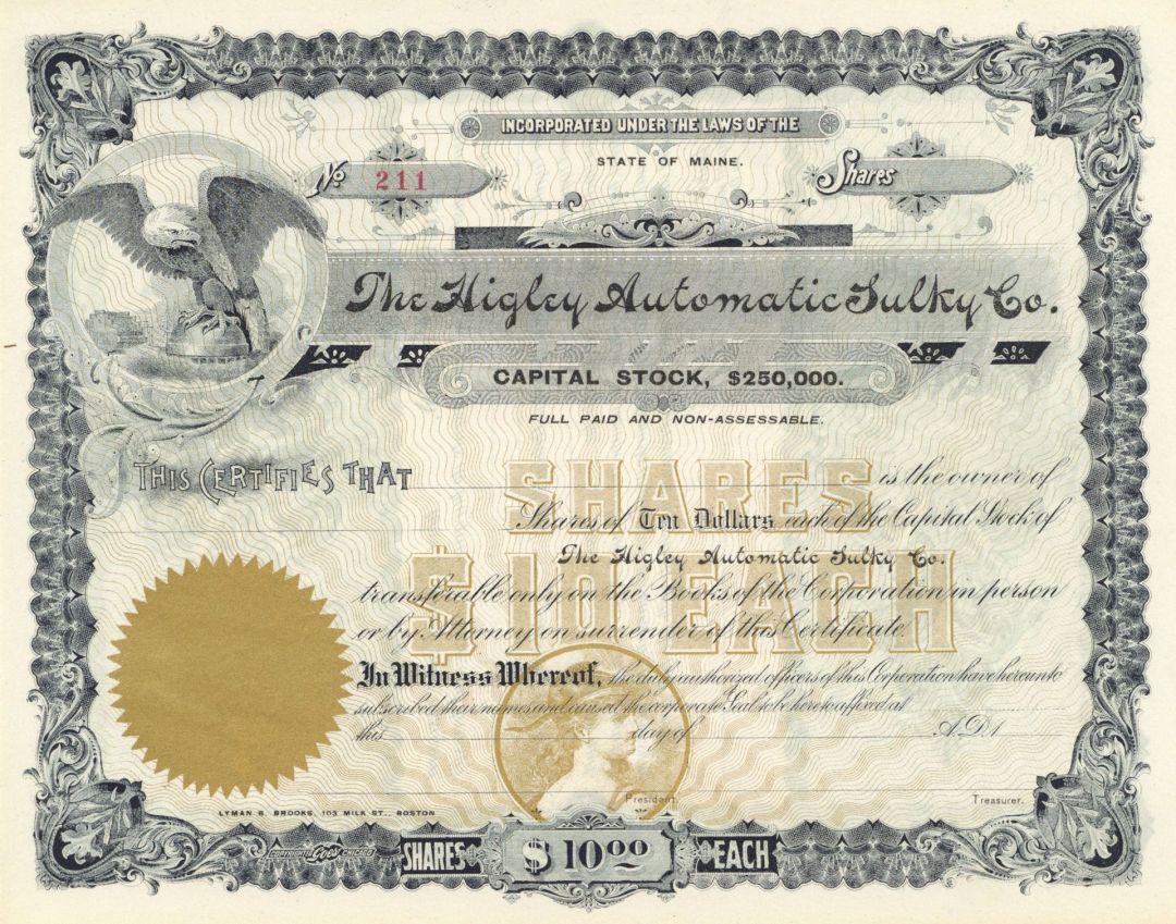 Higley Automatic Sulky Co - 1900 circa Unissued Stock Certificate - Most Likely Horse Sulky for Racing