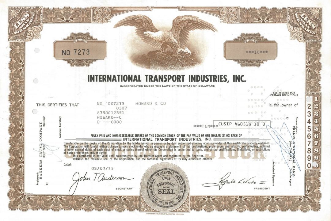 International Transport Industries Inc. - dated 1970's Transportation Stock Certificate