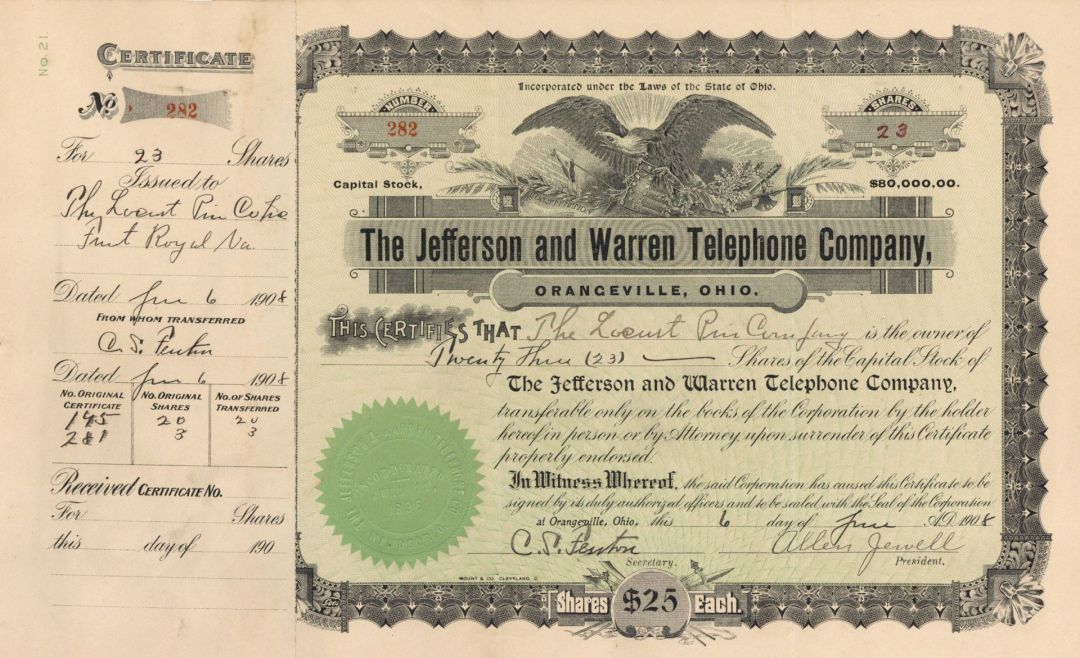 Jefferson and Warren Telephone Co., Orangeville, Ohio - Stock Certificate