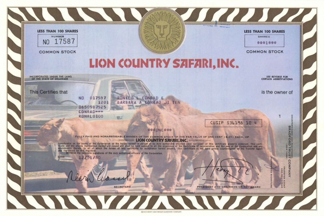 Lion Country Safari, Inc. - Stock Certificate