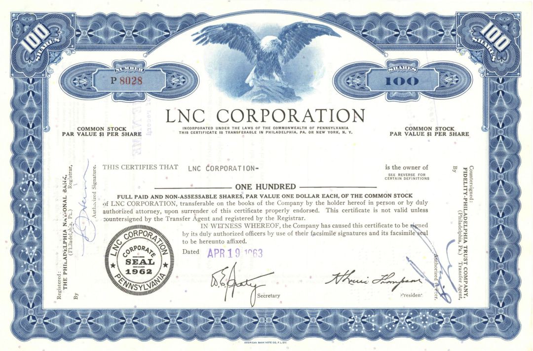 LNC Corporation - Lincoln National Corporation - dated 1960's Stock Certificate