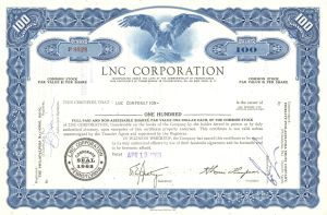 LNC Corporation - Lincoln National Corporation - dated 1960's Stock Certificate