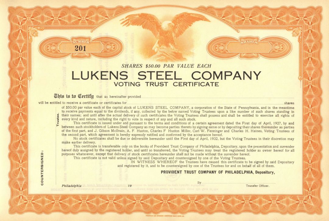 Lukens Steel Co. - Bought up by Bethelem Steel for $400 million - circa 1930's Unissued Stock Certificate