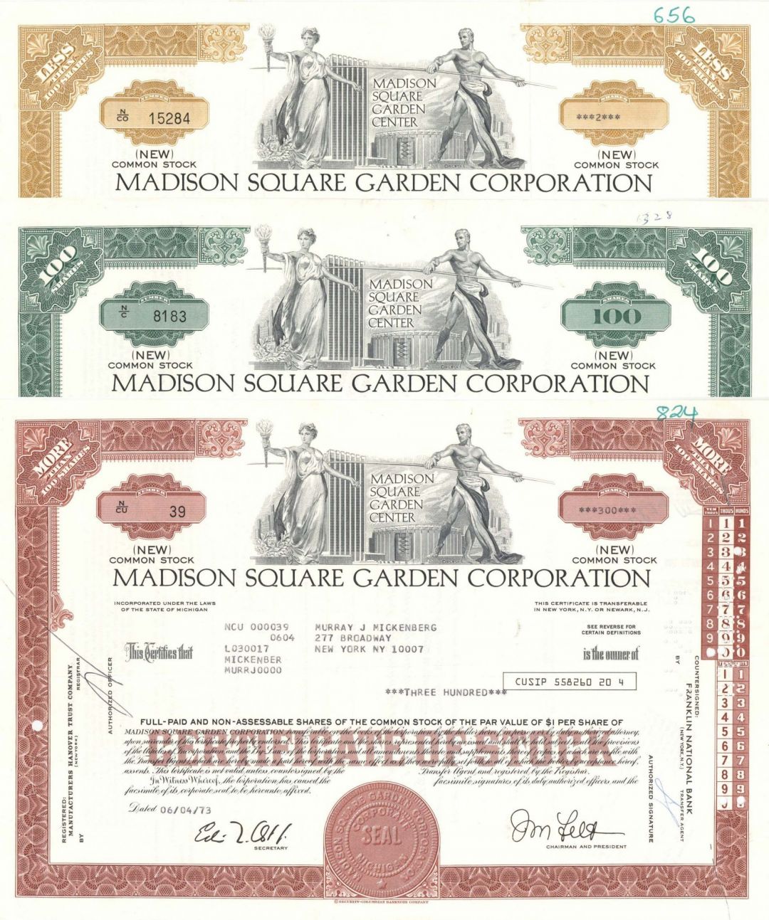 Set of 3 Madison Square Garden Corp. - Famous Arena Stock Certificate