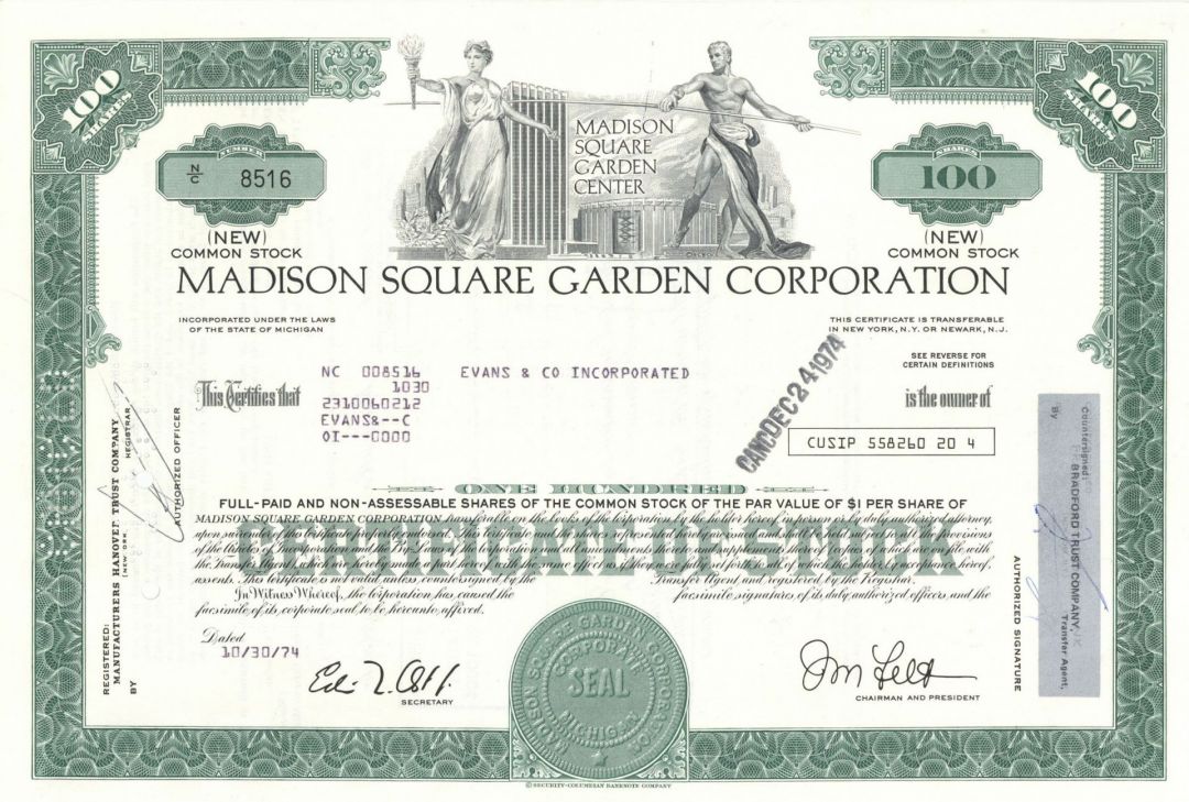 Madison Square Garden Corp. - 1970's dated Famous Arena Stock Certificate